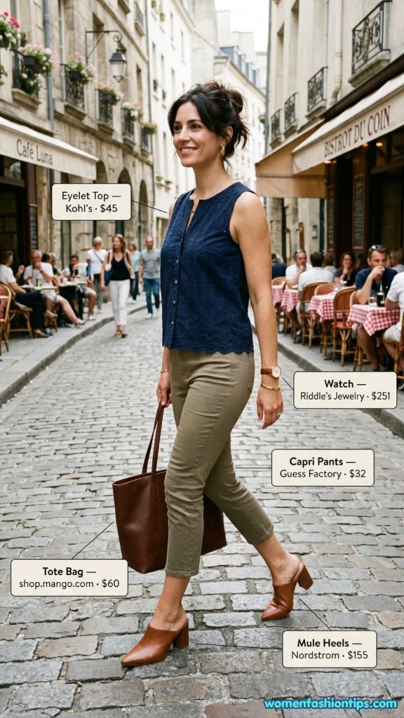 Navy Eyelet Top with Capri Pants