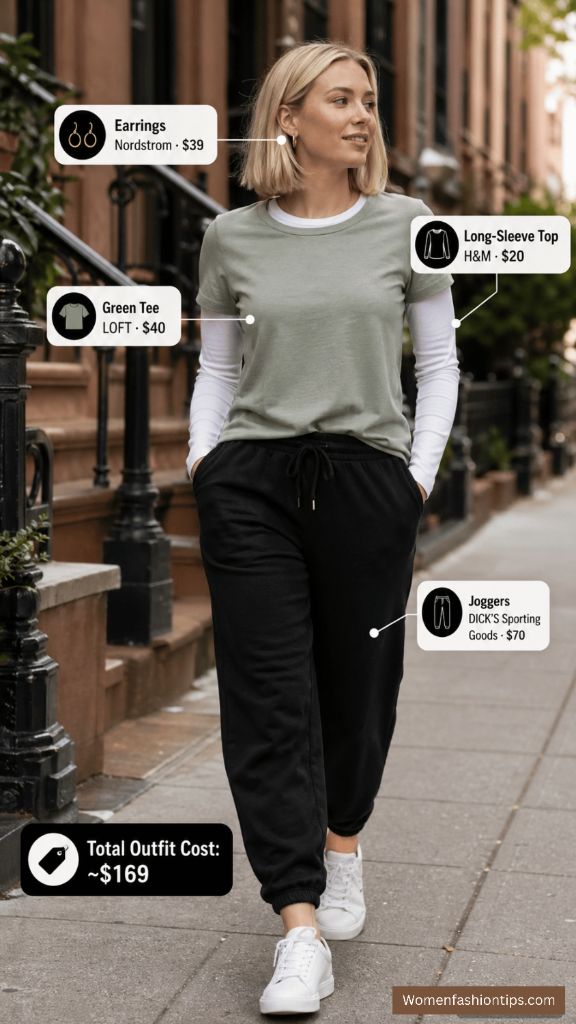 Sage Tee Layered Over Long-Sleeve with Joggers