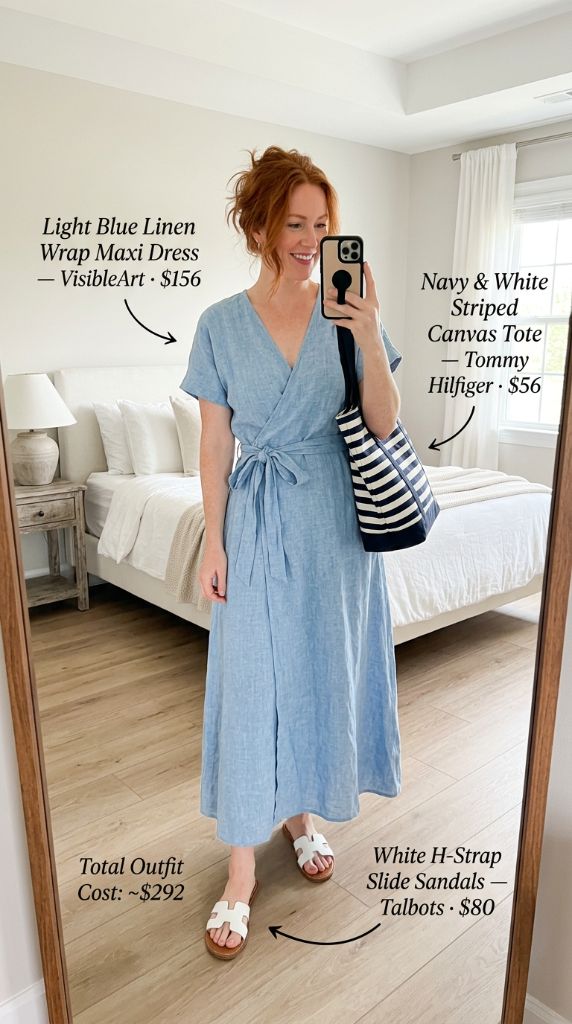 Light Blue Linen Wrap Maxi Dress Outfit