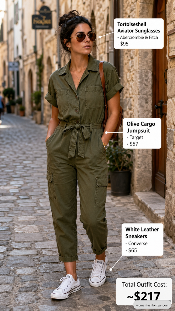 Olive Cargo Jumpsuit with Tortoiseshell Sunglasses and White Sneakers