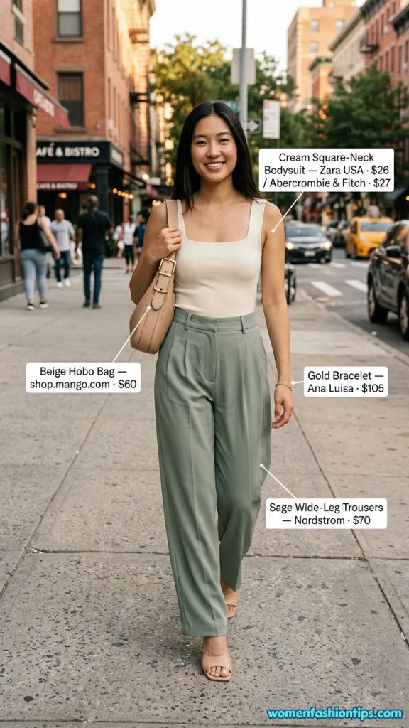 Cream Square-Neck Bodysuit with Sage Wide-Leg Trousers