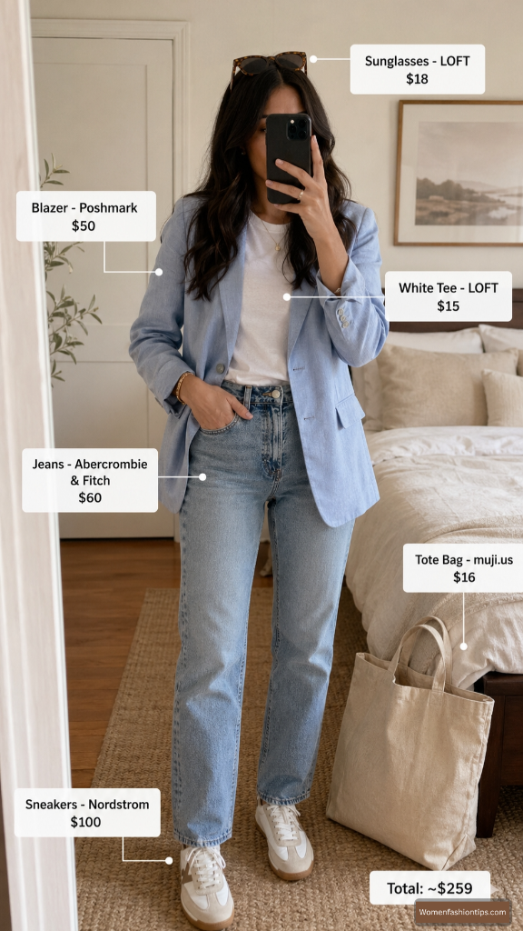 Soft Blue Blazer With Straight Jeans