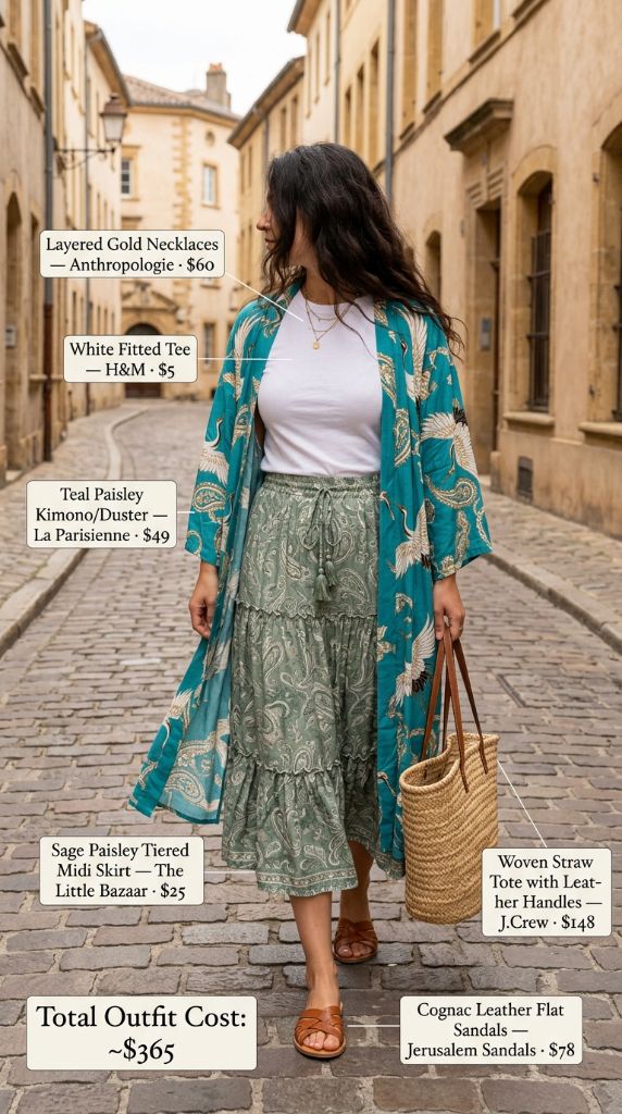 Teal Paisley Kimono/Duster with Sage Midi Skirt