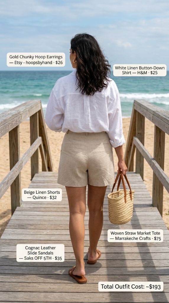 White Linen Button-Down Shirt with Beige Linen Shorts