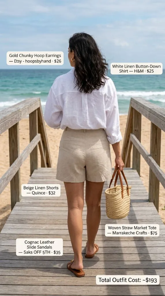 White Linen Button-Down Shirt with Beige Linen Shorts