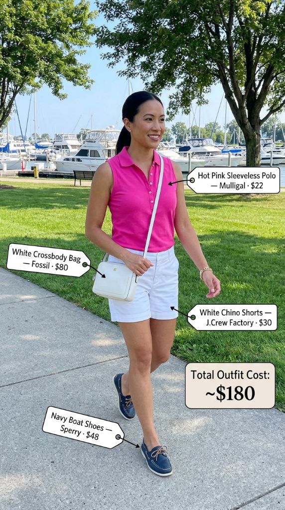 Hot Pink Sleeveless Polo With White Chino Shorts