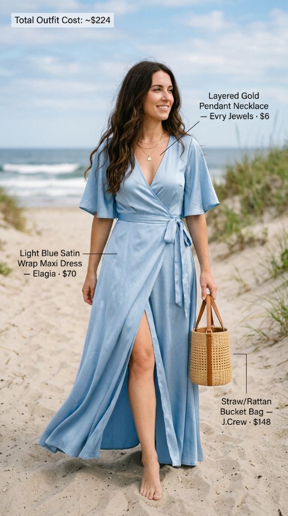 Light Blue Satin Wrap Maxi Dress Outfit