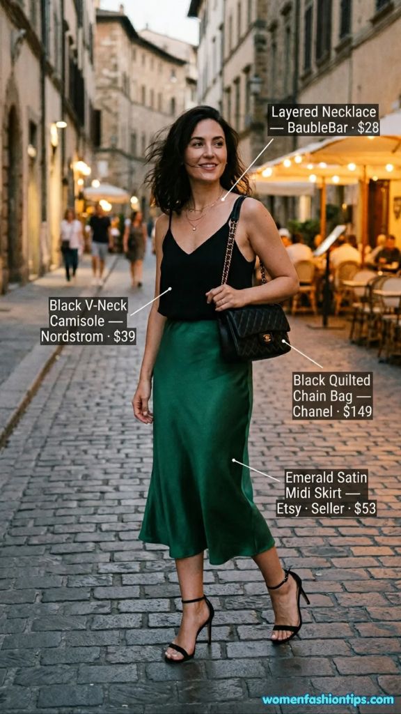 Emerald Satin Evening Outfit