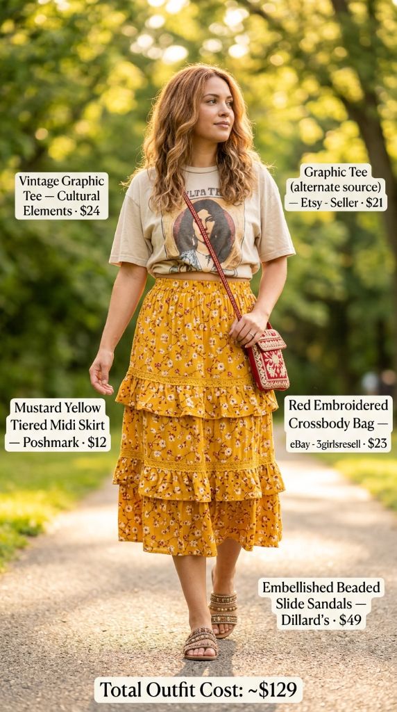 Vintage Graphic Tee with Mustard Yellow Tiered Midi Skirt