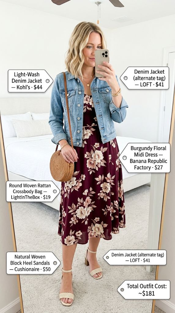 Burgundy Floral Midi Dress with Denim Jacket