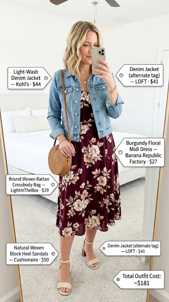 Burgundy Floral Midi Dress with Denim Jacket