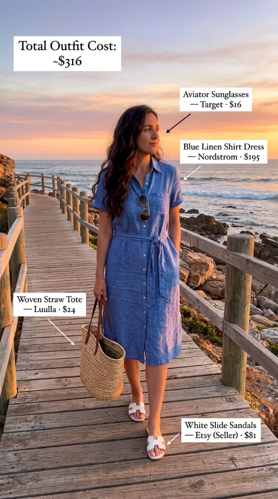 Blue Linen Shirt Dress Coastal Walk