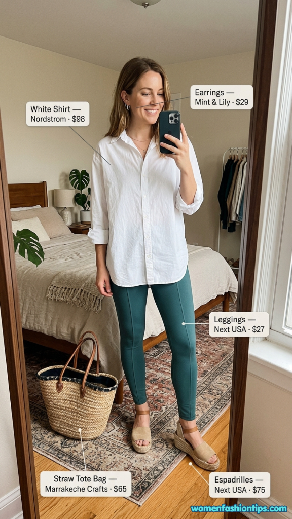 White button-down shirt with teal leggings, straw tote bag, and espadrille sandals