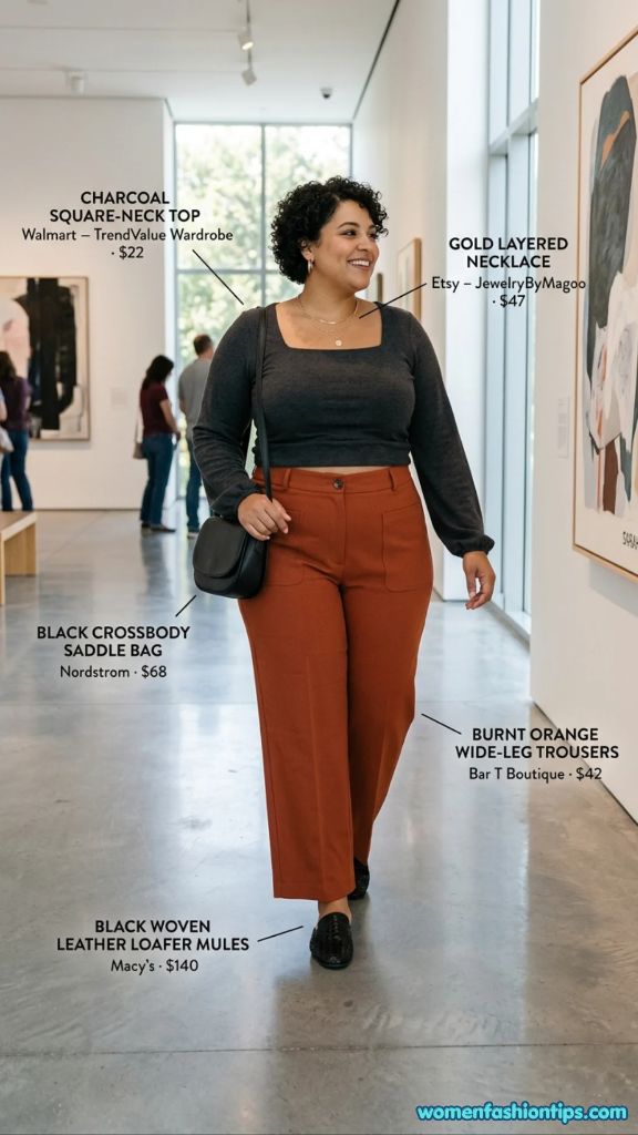 Charcoal square-neck top with burnt orange wide-leg trousers outfit