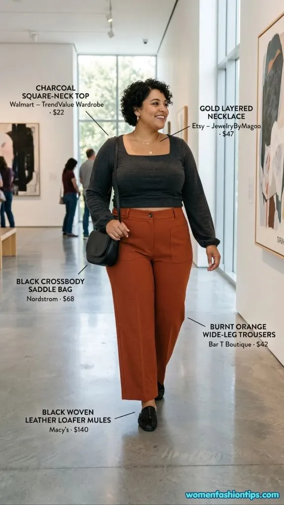 Charcoal square-neck top with burnt orange wide-leg trousers outfit