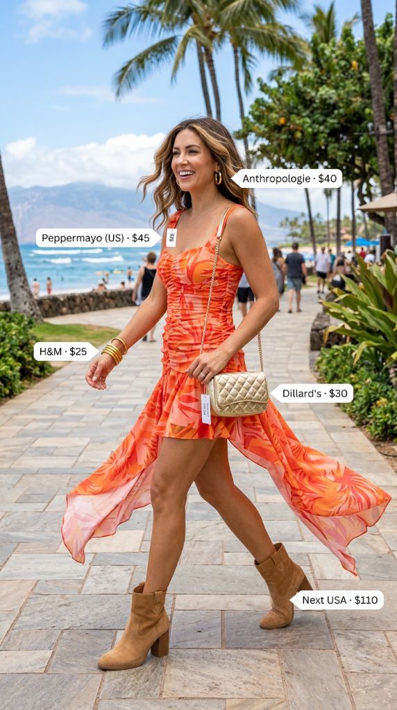 Orange Tropical Print Dress with Tan Suede Ankle Boots