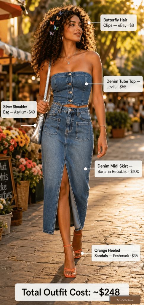 Denim Tube Top And Midi Skirt Set