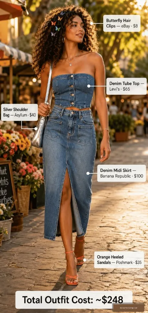 Denim Tube Top And Midi Skirt Set