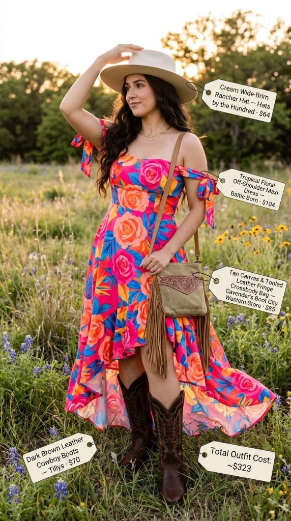 Tropical Floral Off-Shoulder Maxi Dress with Cowboy Boots and Wide-Brim Hat