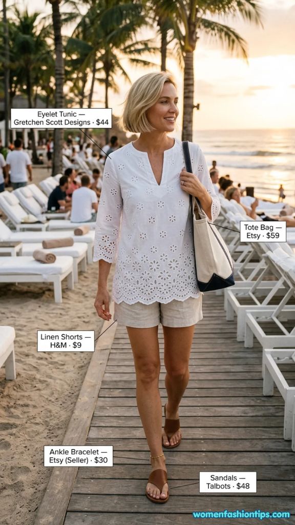 White Eyelet Tunic with Linen Shorts