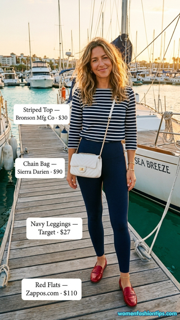 Navy striped top with navy leggings, white chain bag, and red loafers