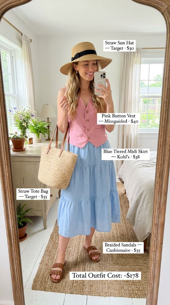 Pink Vest with Blue Tiered Midi Skirt