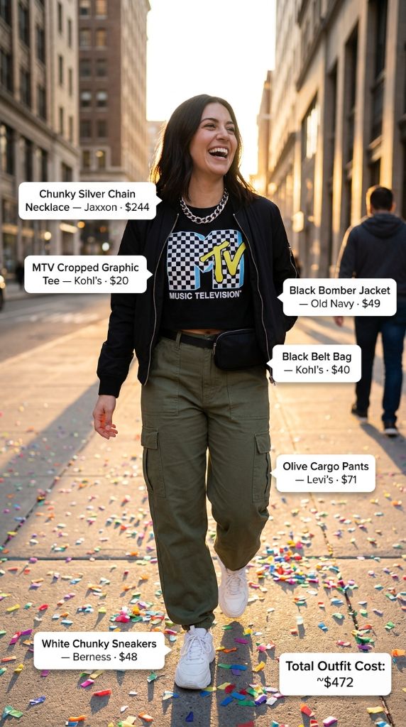 MTV Graphic Tee with Bomber Jacket and Cargo Pants