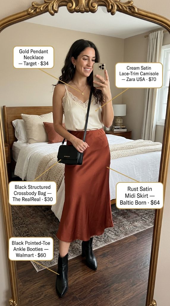 Rust Satin Skirt And Lace Cami