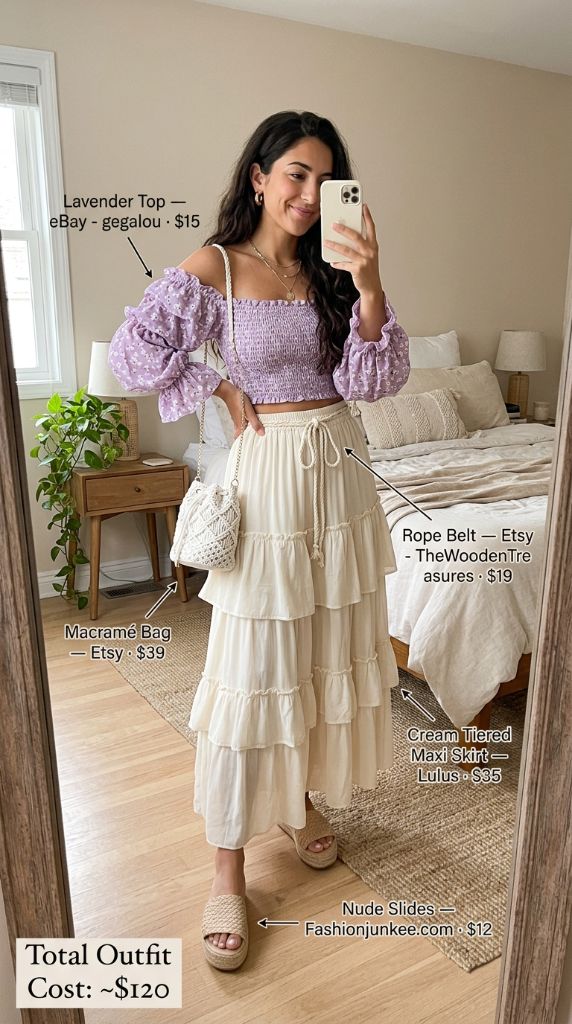 Lavender Smocked Top with Cream Tiered Maxi Skirt