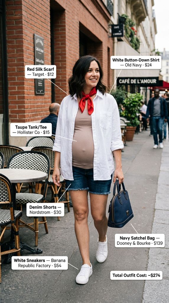 White Button-Down with Denim Shorts and Red Scarf