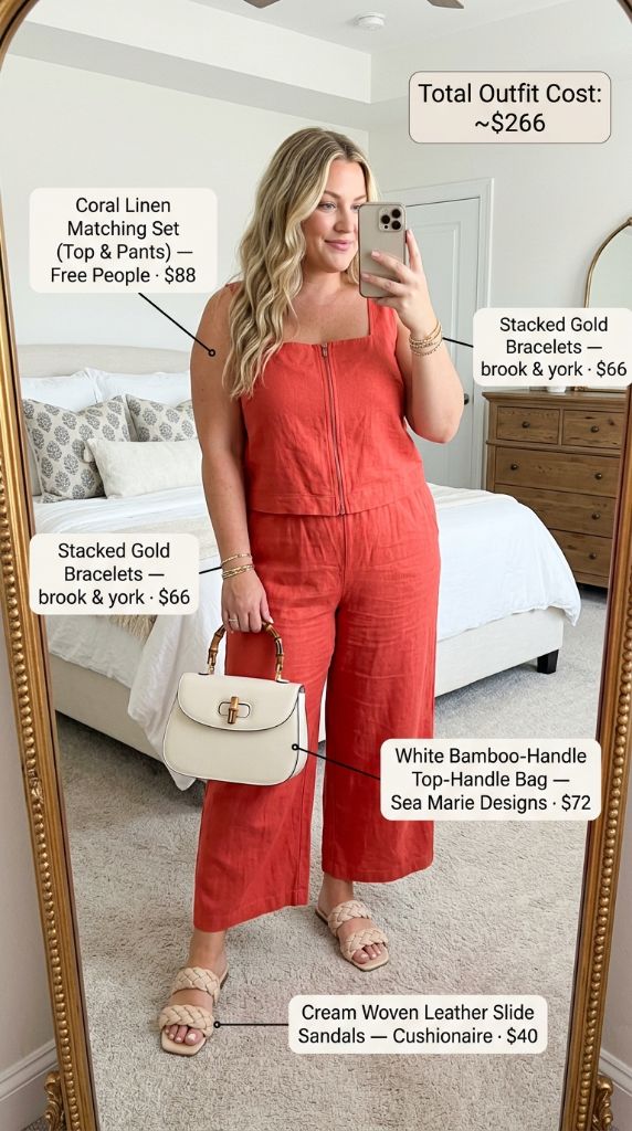Curvy woman in coral linen matching set with stacked gold bracelets, bamboo handle bag, and cream woven sandals