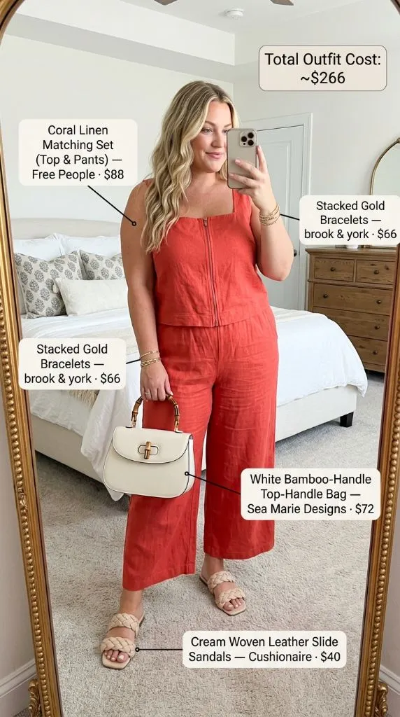 Curvy woman in coral linen matching set with stacked gold bracelets, bamboo handle bag, and cream woven sandals