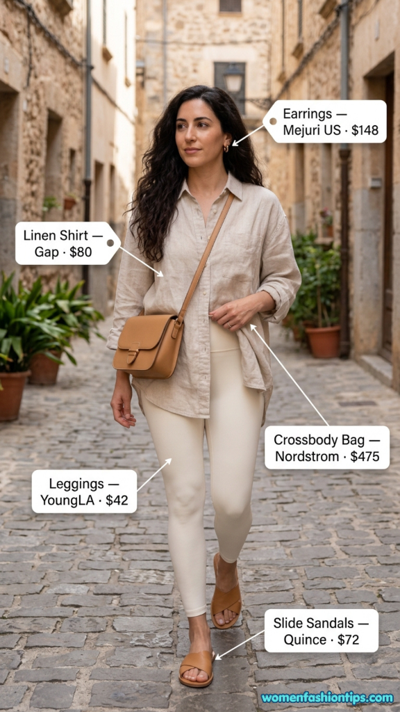 Beige linen shirt with cream leggings, tan crossbody bag, and slide sandals