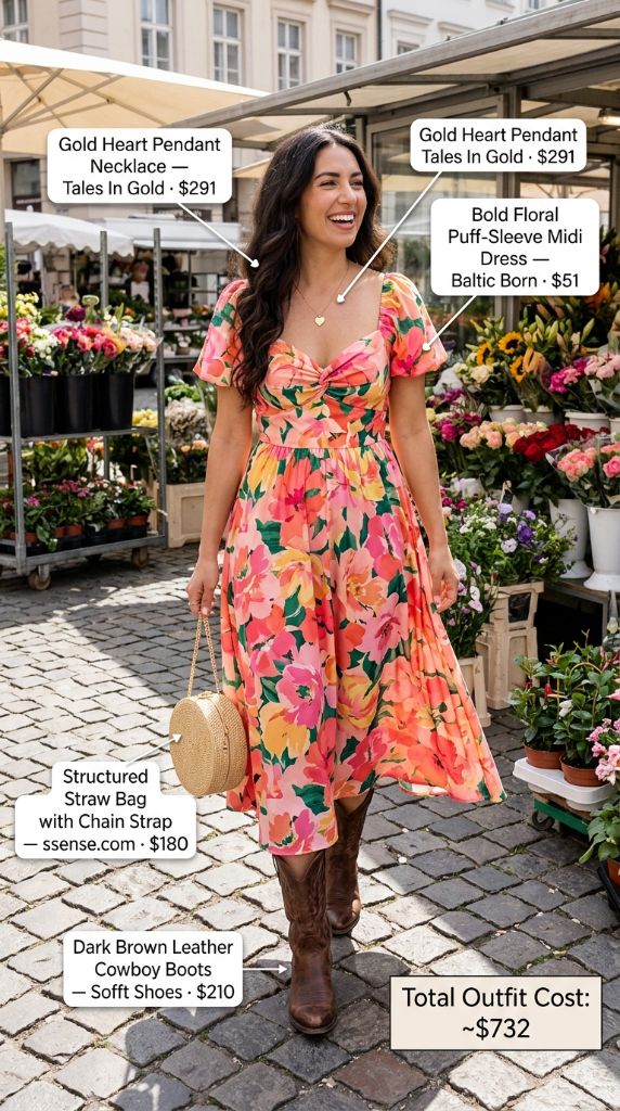 Bold Floral Puff-Sleeve Midi Dress with Cowboy Boots at a Flower Market