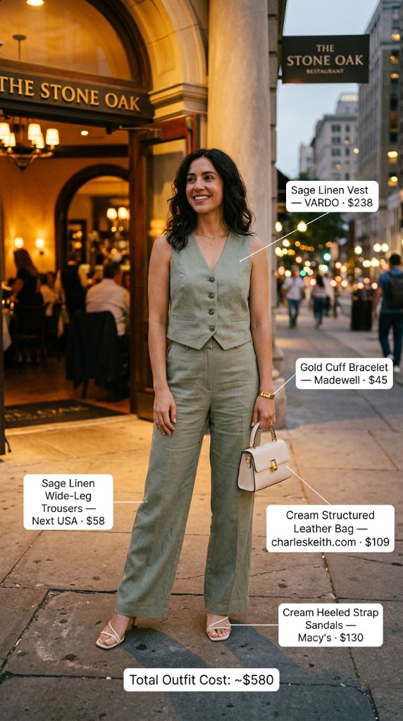 Sage Linen Vest City Evening Look