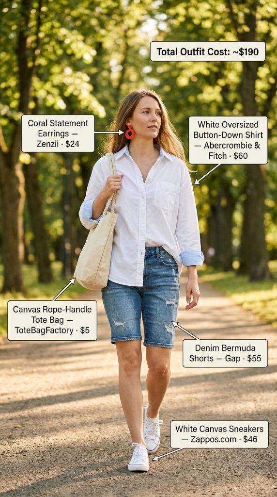 White Oversized Button-Down Shirt with Denim Bermuda Shorts