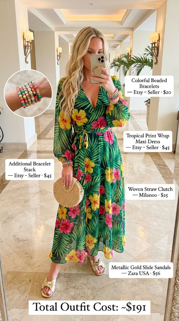 Tropical Print Wrap Maxi Dress Outfit