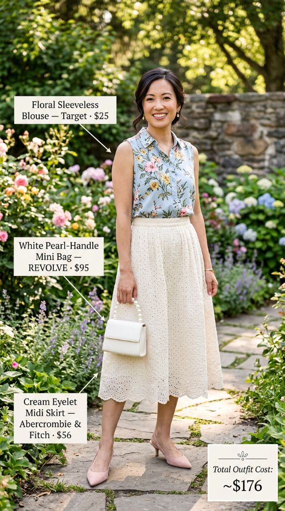Floral Sleeveless Blouse With Cream Eyelet Midi Skirt