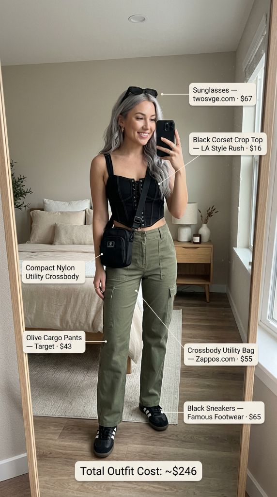Black Corset Crop with Olive Cargo Pants