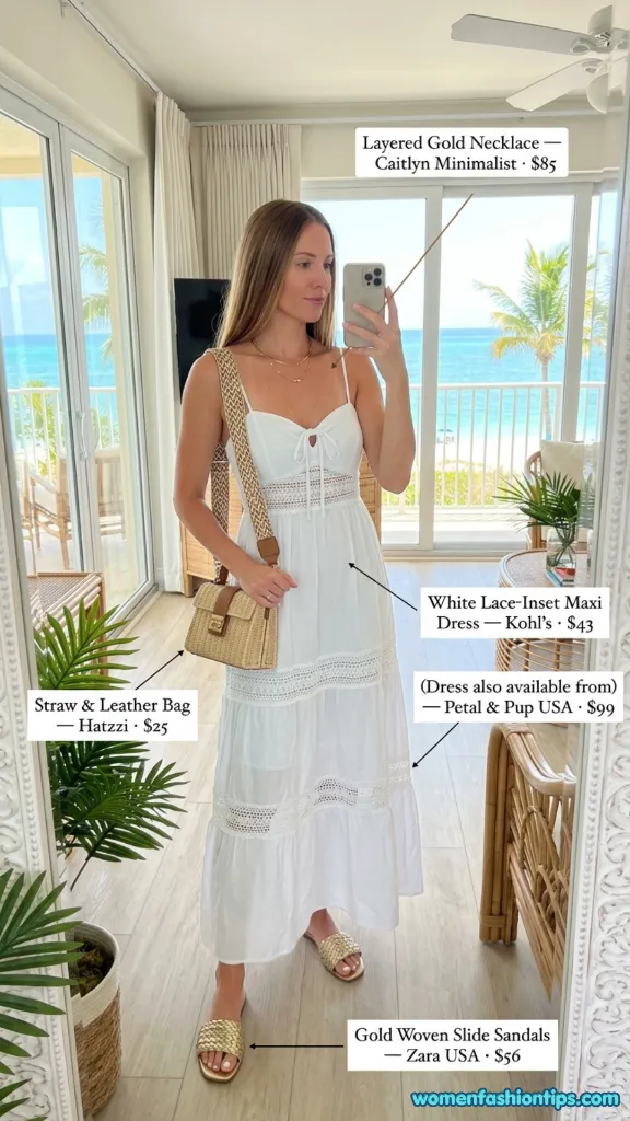 White Lace-Inset Maxi With Straw Bag