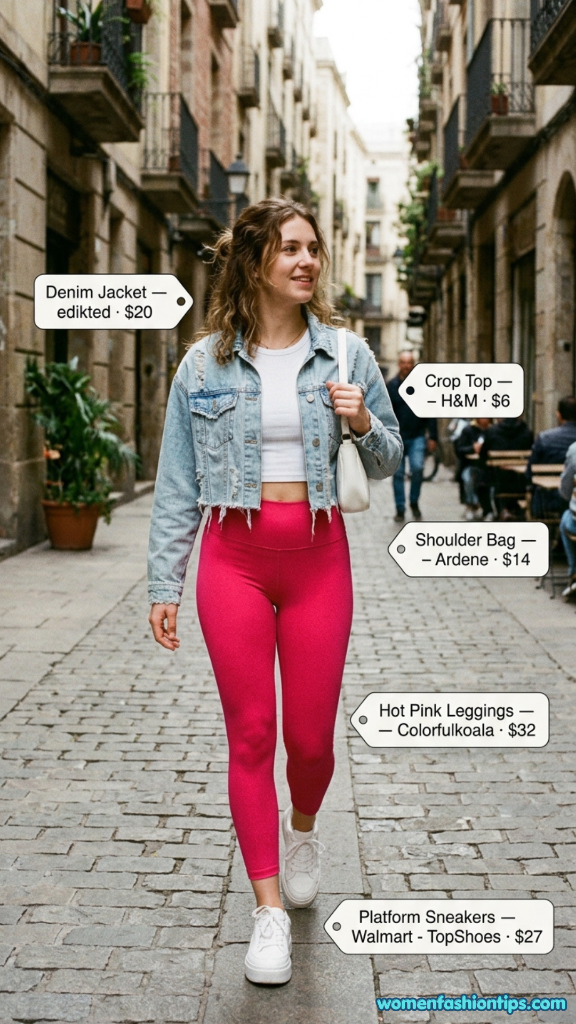 Cropped denim jacket with hot pink leggings, white crop top, and platform sneakers