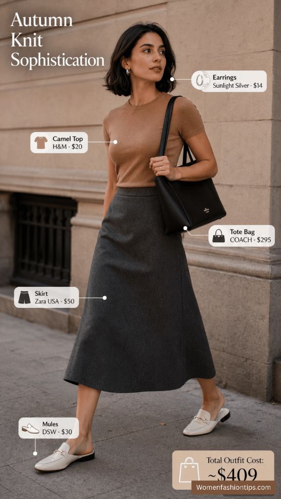 Camel Top and Grey Midi Skirt