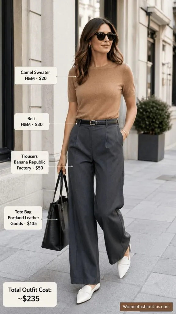 Camel Sweater and Grey Trousers