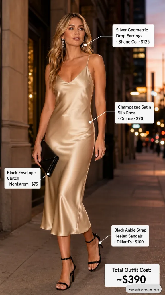 Champagne Satin Slip Dress Evening Outfit