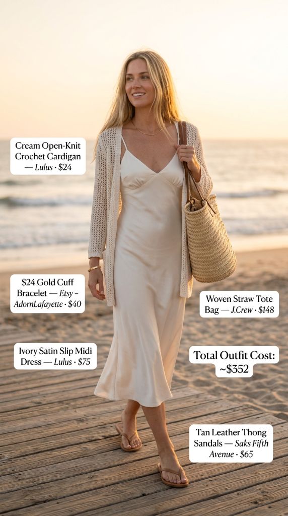 Ivory Satin Slip With Open-Knit Cardigan