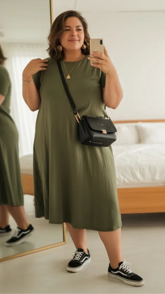 Olive green midi t-shirt dress with black crossbody bag and Vans sneakers