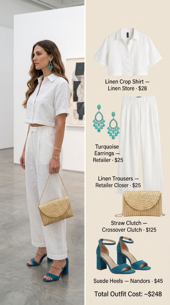 White Linen Crop Shirt with Turquoise Accents