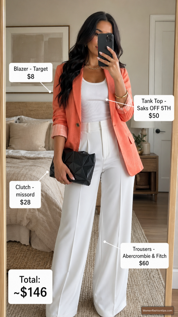 Coral Blazer With Crisp White Trousers
