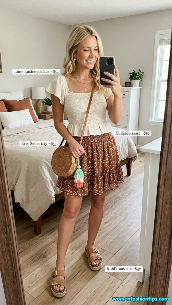 Cream smocked peplum top with brown floral mini skirt, rattan bag, and platform sandals
