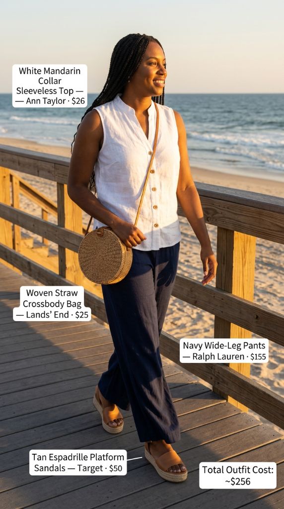 White Mandarin Collar Top With Navy Wide-Leg Pants